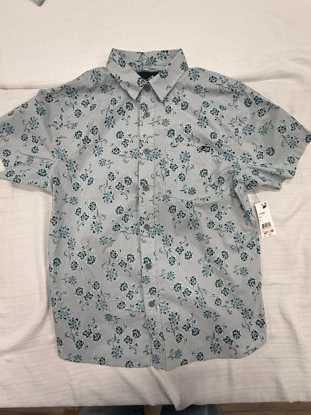 Lost Enterprises Mens Small Floral Button Up Shirt Gray Blue Short Sleeve NWT Su